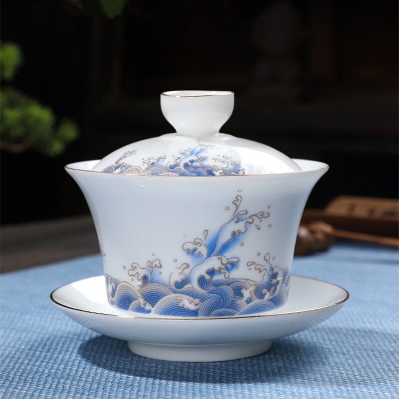 Brewing Tea Cups Sea Wave Gaiwan Chinese Style Ceramic Tureen 170ml Tea Bowl
