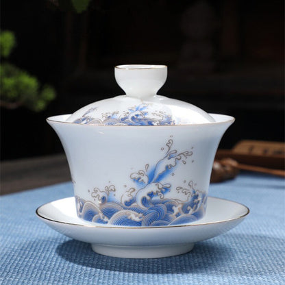 Brewing Tea Cups Sea Wave Gaiwan Chinese Style Ceramic Tureen 170ml Tea Bowl