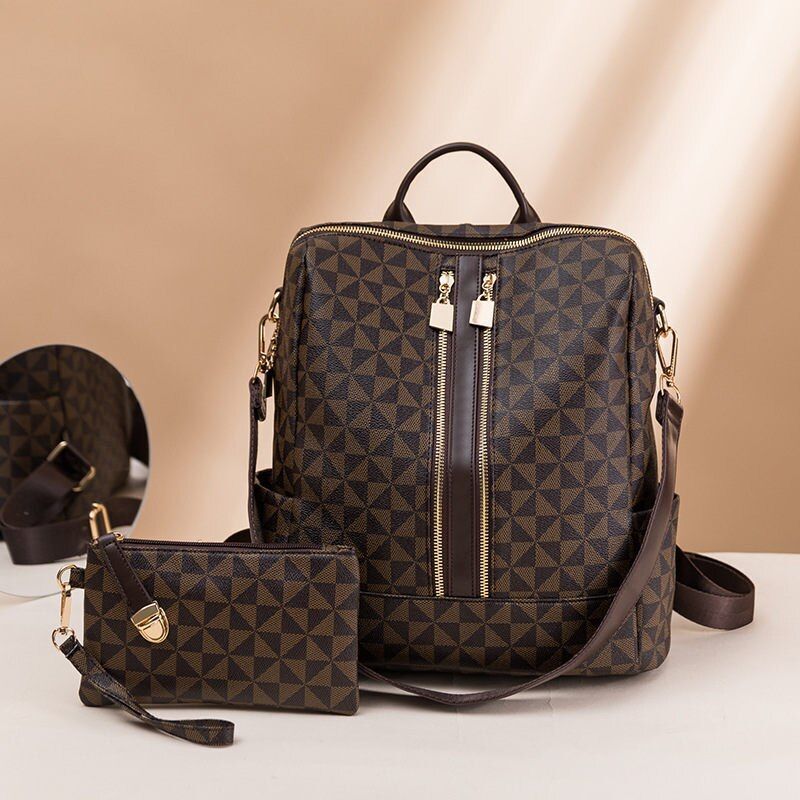 Synthetic Leather Backpacks 2 Pcs Sets Traveling Bags Geometric Print Polyester