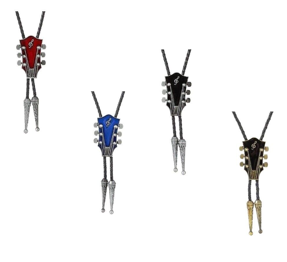 Men Fashion Music Guitar Bolo Ties Pendant Necklace Cowboy Leather Belt Neckties