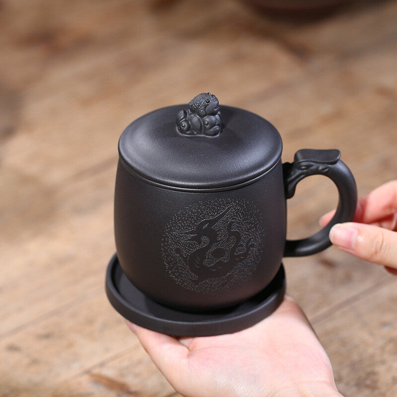 True Yixing Zisha Office Cup Marked Infuser Cup Mat Lid Handmade Tea Cup 430ml