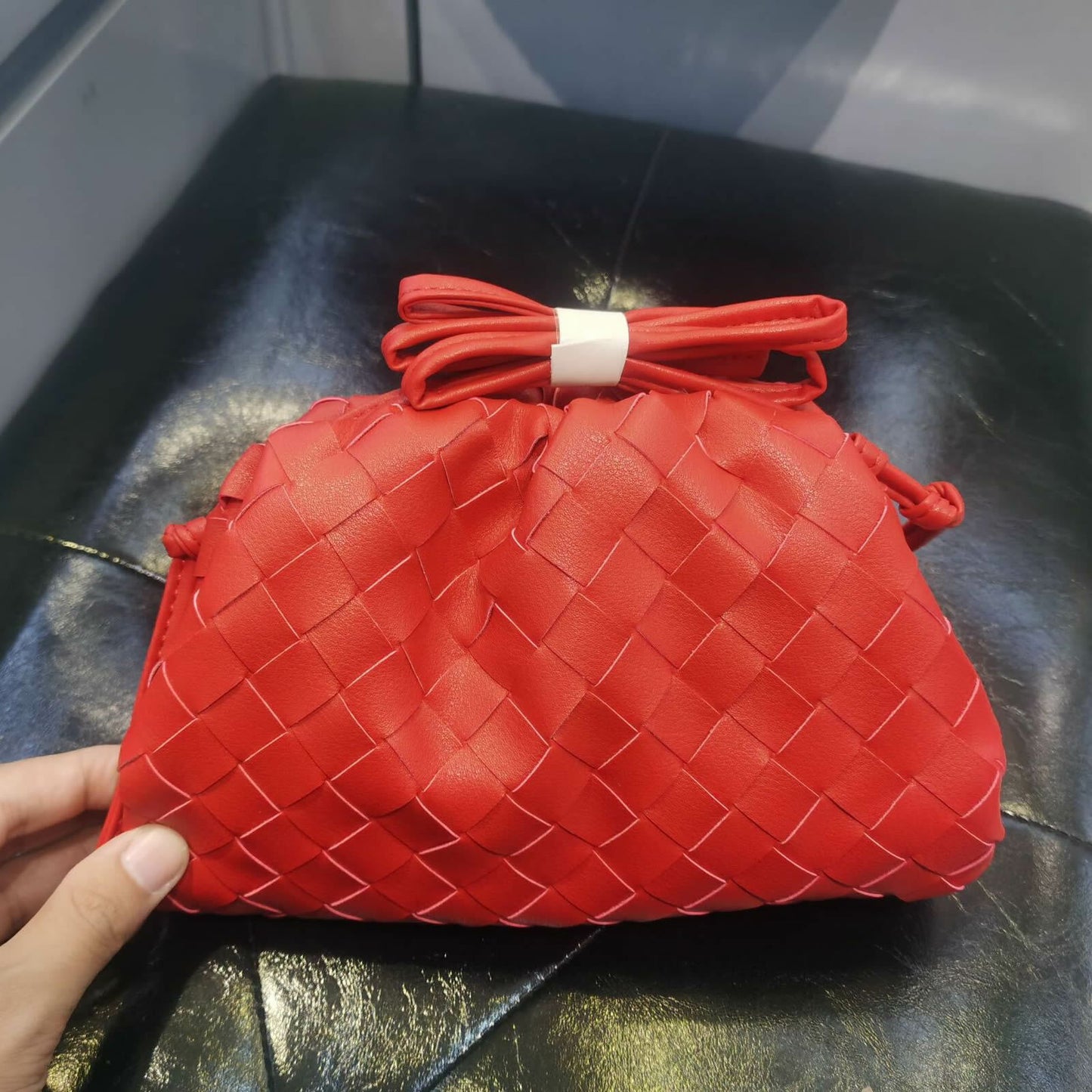 Woven Ruched Microfiber Leather Mini Pouch Clutch Bag Crossbody Shoulder Purse