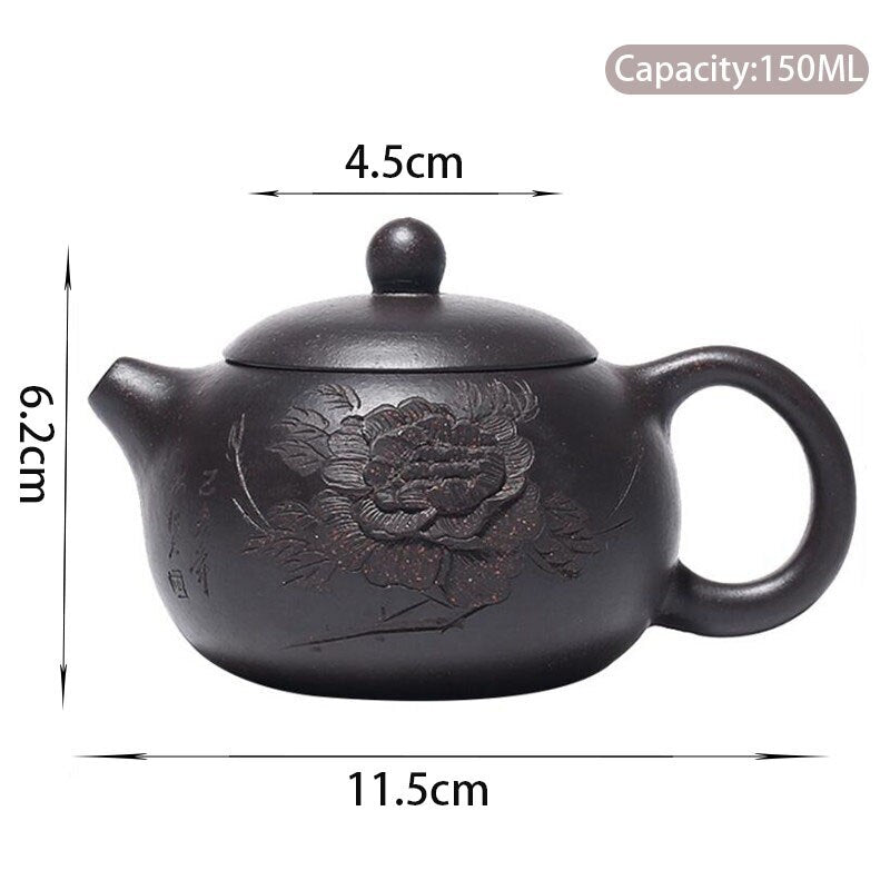 4.53" Yixing Purple Clay Hand Carved Peony Xishi Tea Pot Ball Hole Filter Kettle