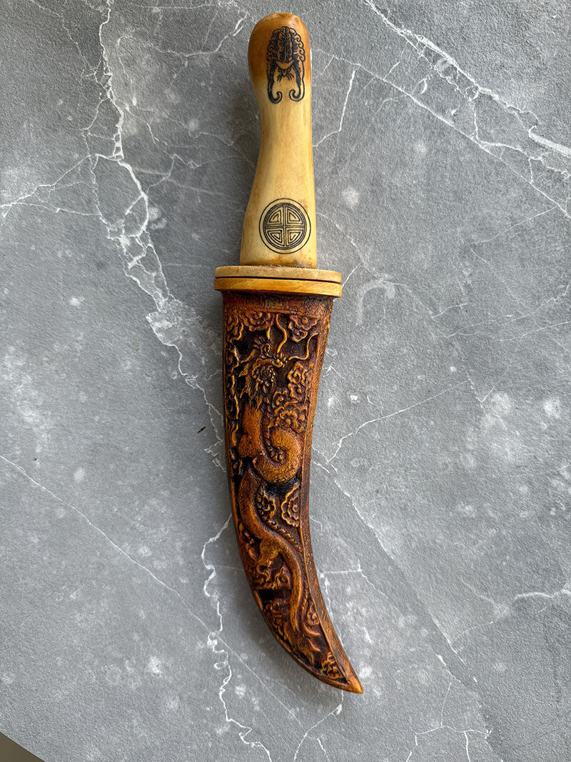 Antique Design Chinese Yak Bone Carved Knife Dragon Pattern Sword Dagger Decor