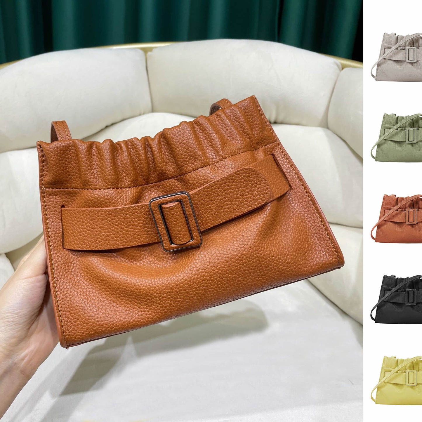 Real Leather Oversized Buckle Scrunchy Soft Ruched Clutch Shoulder bag Crossbody