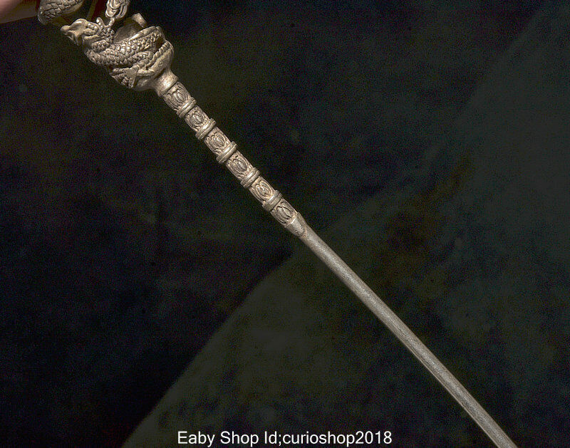 6.6" Old China Silver Inlay Green Gem Dynasty Dragon Bead Hairpin Hair Stick
