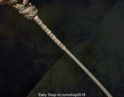 6.6" Old China Silver Inlay Green Gem Dynasty Dragon Bead Hairpin Hair Stick