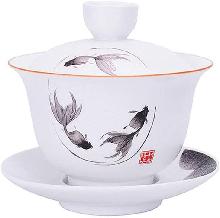 Porcelain Gaiwan 8oz Teacup White Tureen Chinese Cover Bowl Lip Cup Saucer Set