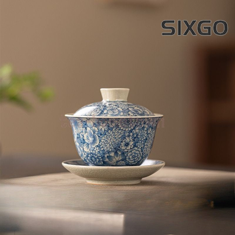 Ru Kiln Blue and White Covered Bowl San Cai Tea Bowl Ceramic Household Tea Set