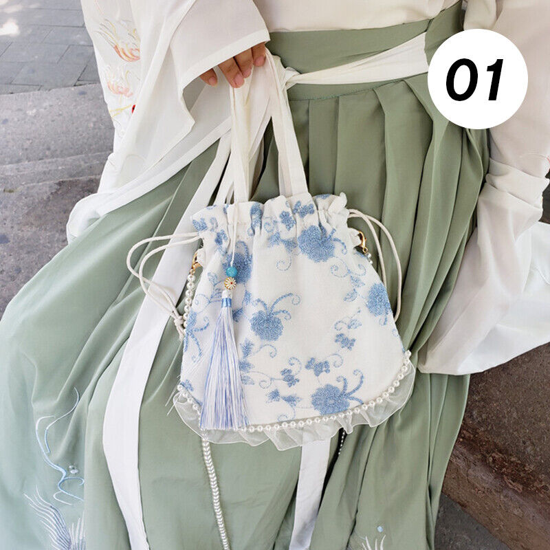 Pearl Floral Hanfu Bag Ancient Purse Embroidery Ruffle Drawstring Handbag Wallet