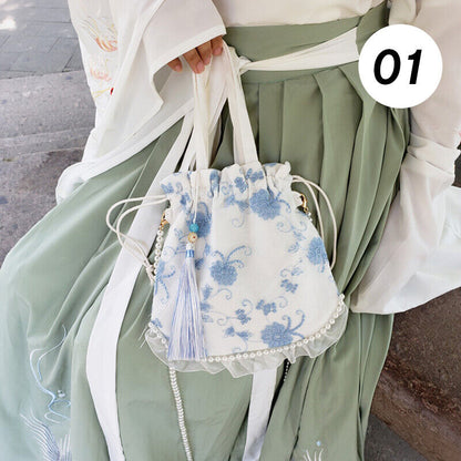 Pearl Floral Hanfu Bag Ancient Purse Embroidery Ruffle Drawstring Handbag Wallet