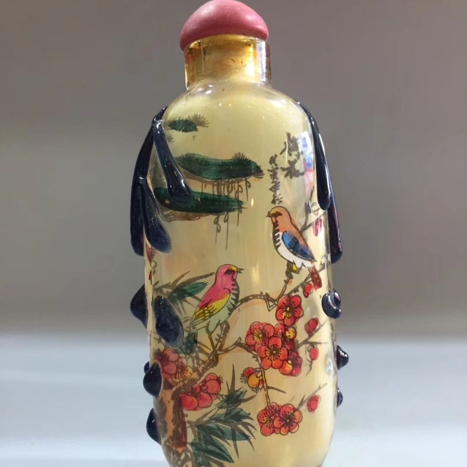 Hand Painted Inside Snuff Bottle Glass Flower Bird Antique Collectible Decor