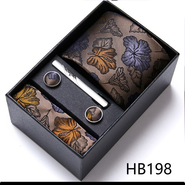 Men Neckties 5Pcs Business Ties Hanky Cufflink Set Clips Corbatas Gift Box 7.5cm
