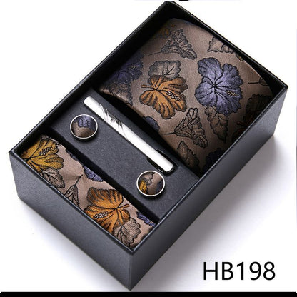 Men Neckties 5Pcs Business Ties Hanky Cufflink Set Clips Corbatas Gift Box 7.5cm