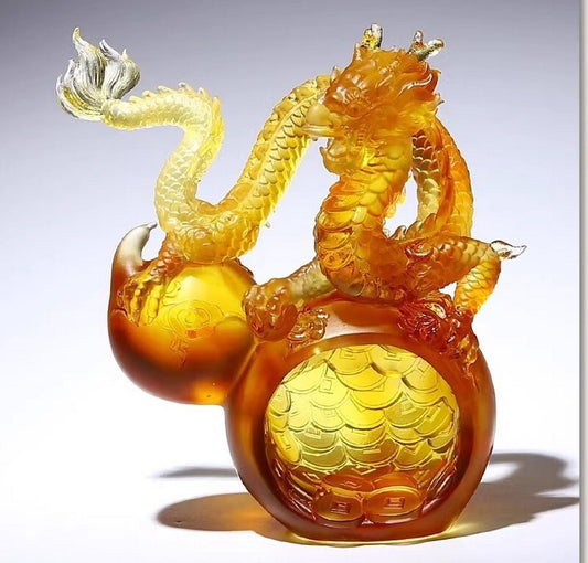 6" Real Chinese Liu Li Crystal Dragon Gourd Statue Home Office Feng Shui Wealth