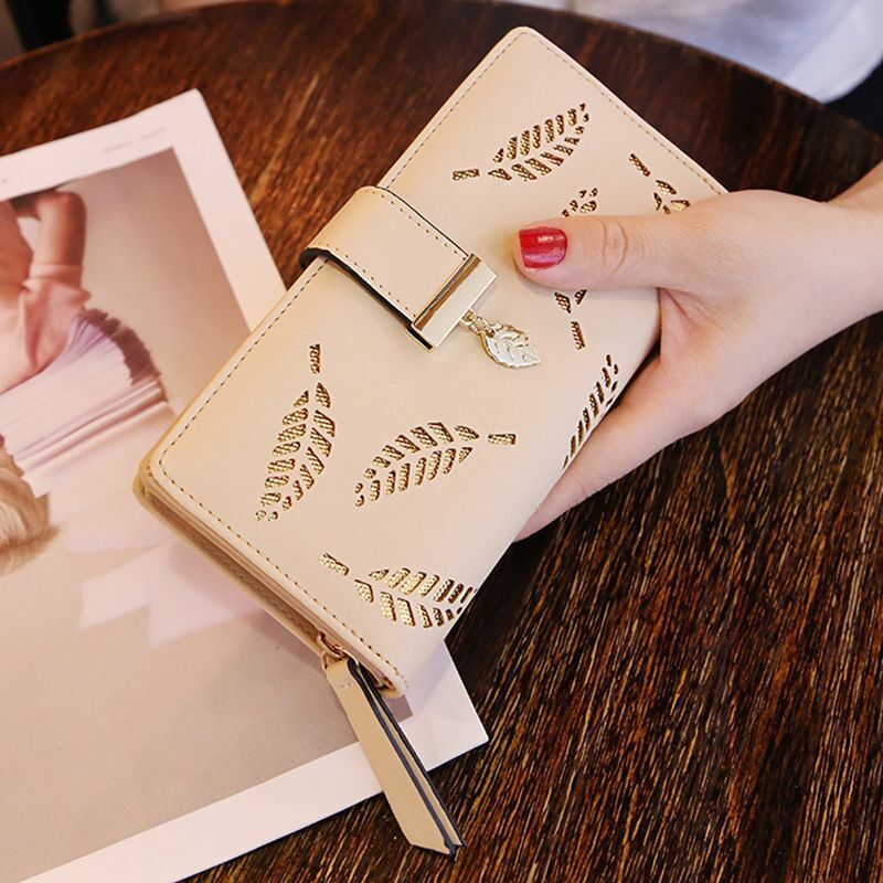 Wallets Hollow Leaf Synthetic Leather Purse Zipper Buckle Wallet Long Cash Bags