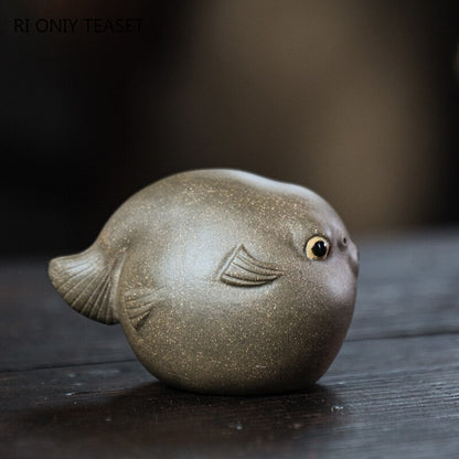 2.83" Creativity Yixing Purple Clay Tea Pet Pufferfish Statue Ornaments Handmade