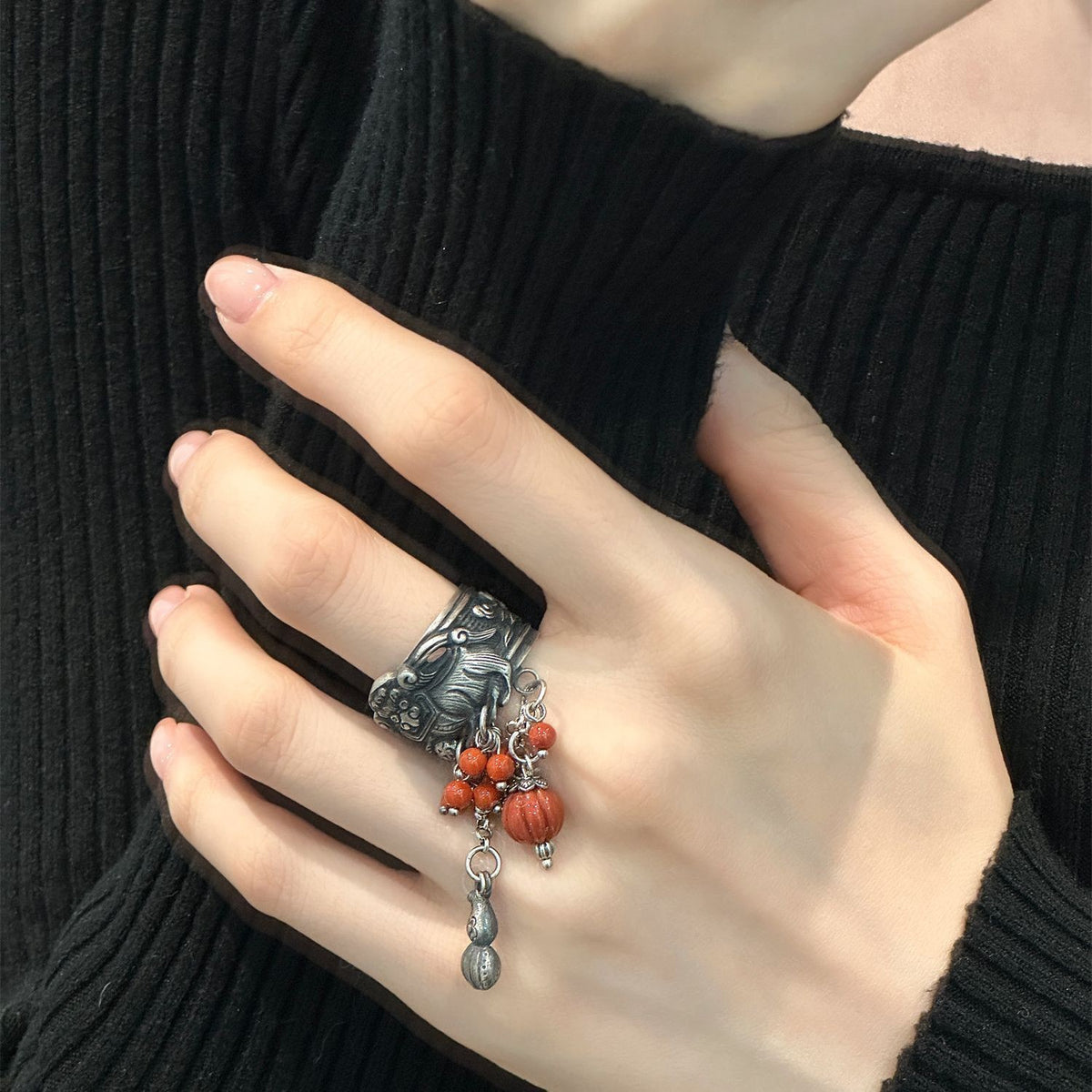 Handmade Lion Dance Ring Red Bead Gourd Chinese Style Niche Design Ethnic Ring