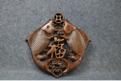 Chinese Wood Carved Feng Shui Fish Plaque Sculpture Wall Hanging Wooden Decor
