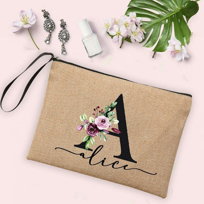 Flower Initial Cosmetic Bag Women Makeup Bag Linen Zipper Pouch Travel Organizer