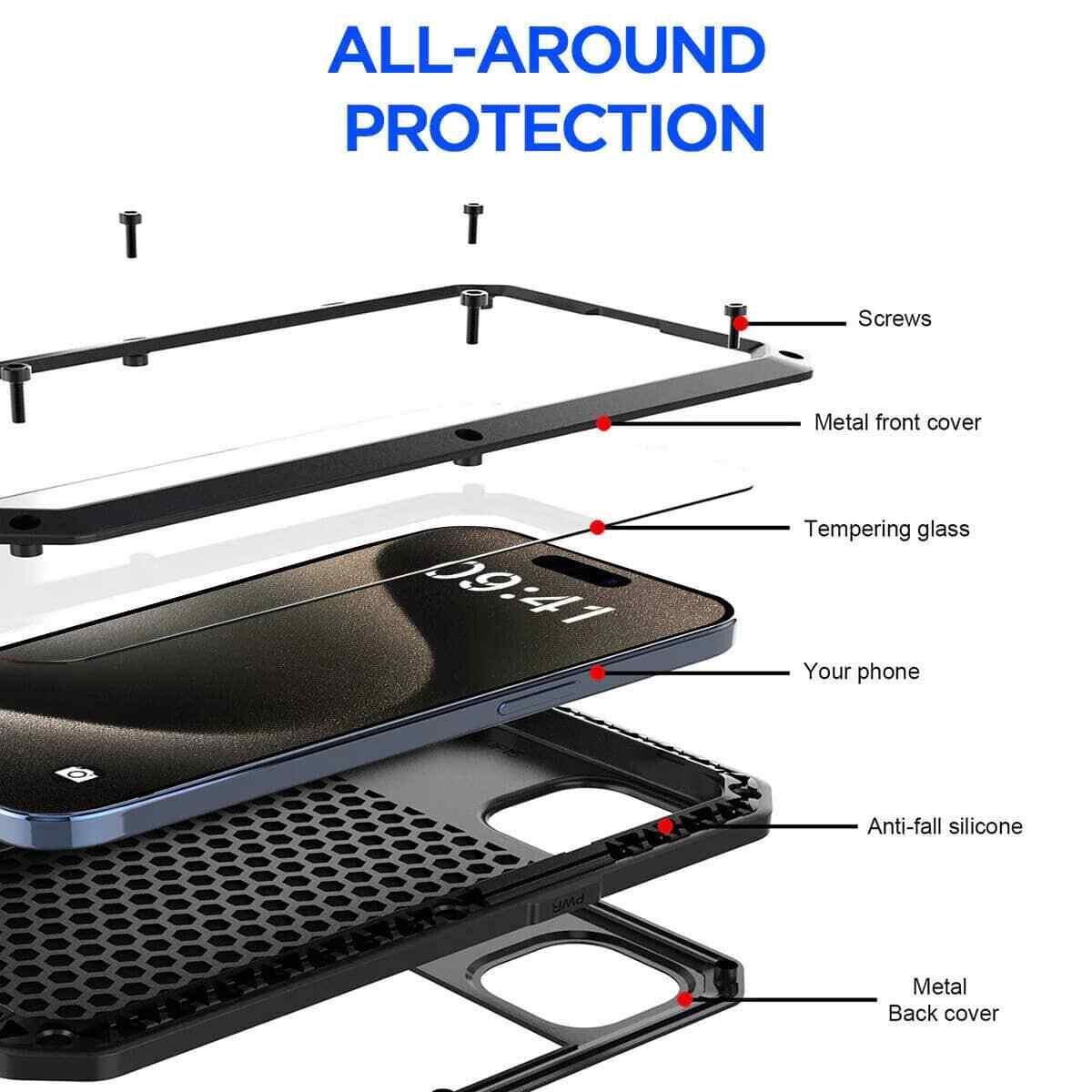 Heavy Duty Protection Armor Metal Case for iPhone 17 16 15 14 13 12 11 Pro Max