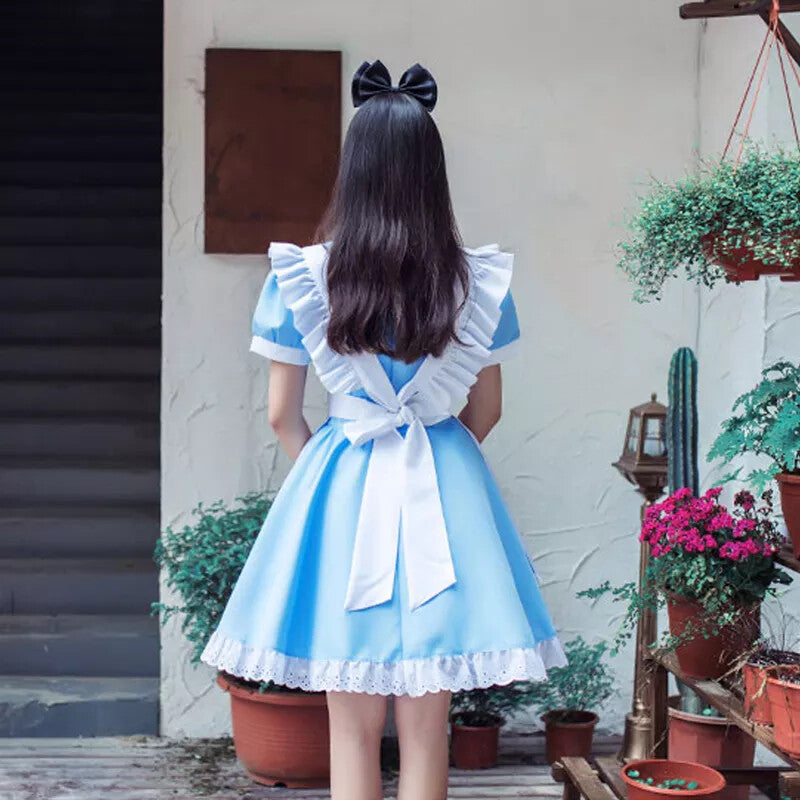 Alice in Wonderland Costume Waitress Uniform Maid Blue Dress Halloween Cosplay