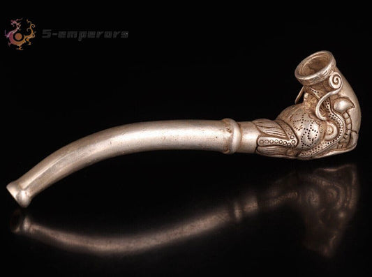 Chinese Rare old Tibet Silver Hand Carved Luck Dragon Statue Smoking Tool
