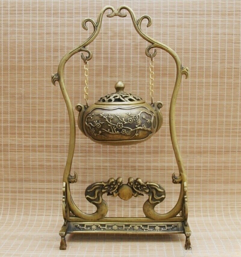 Chinese Brass Incense Burner Rack Statue Hanging Holder Dragon Flower Decor