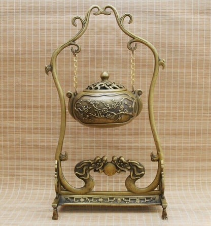 Chinese Brass Incense Burner Rack Statue Hanging Holder Dragon Flower Decor