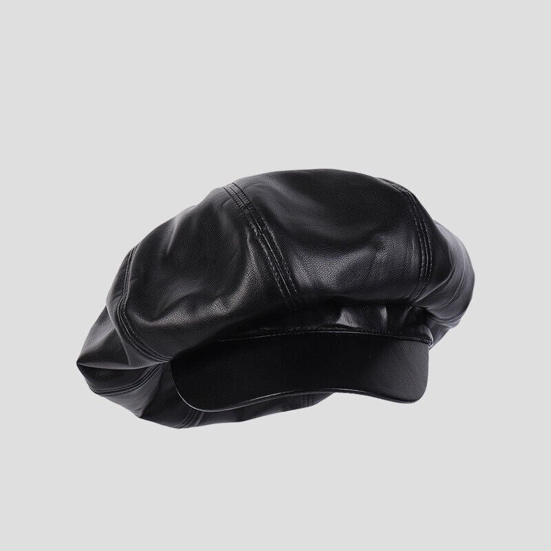 Womem Faux Leather Newsboy Hat Cabbie Cap Beret Flat Large Oversized Baggy Hat