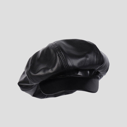 Womem Faux Leather Newsboy Hat Cabbie Cap Beret Flat Large Oversized Baggy Hat