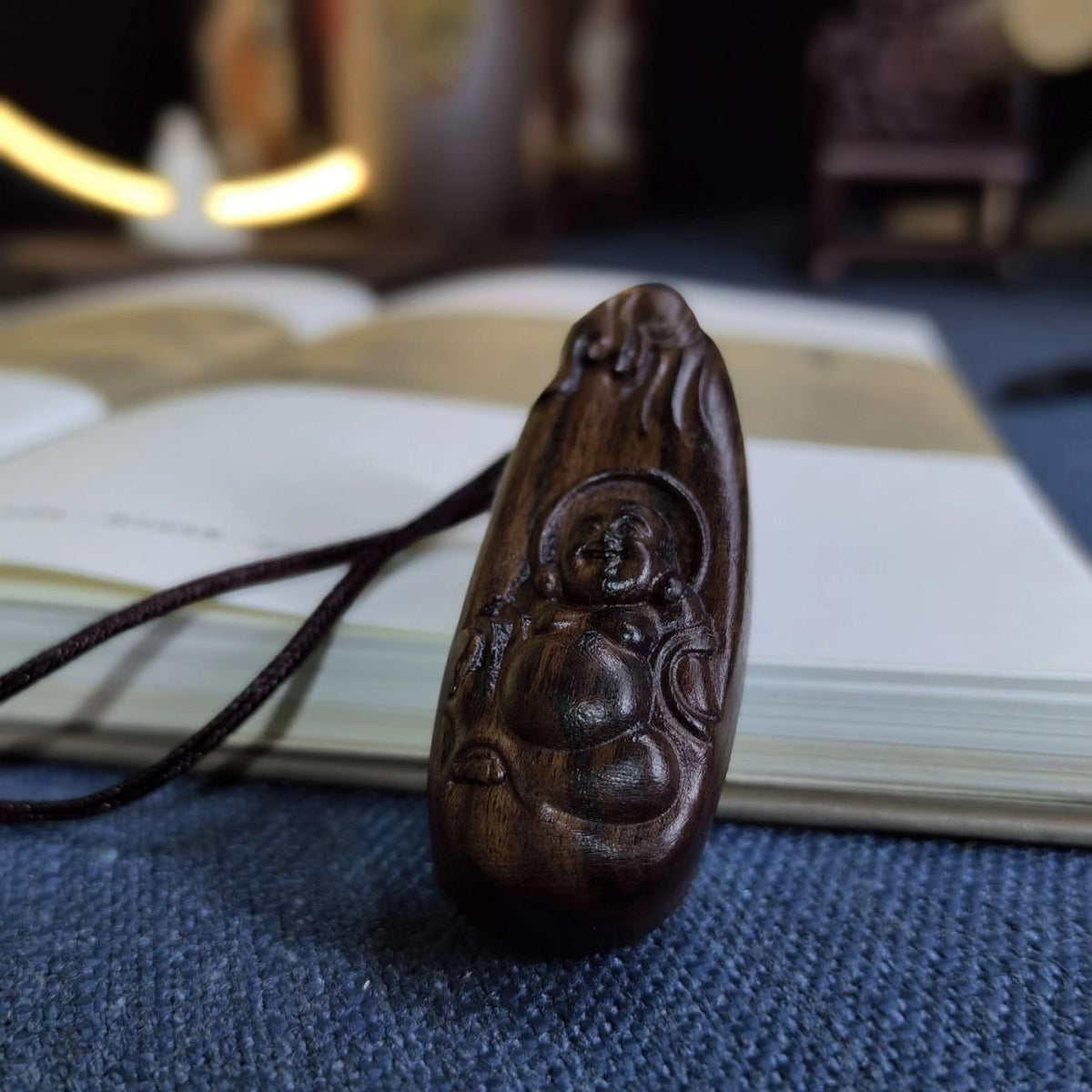 Natural Wood Carving Necklace Maitreya Buddhism Pendant Men Woman Blessing Gift