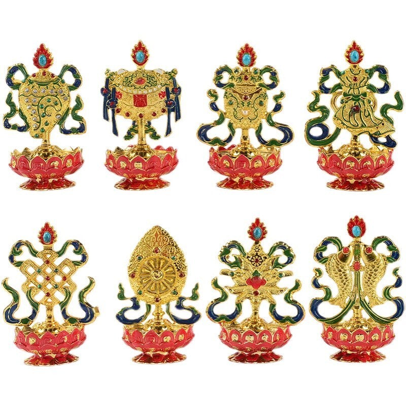 8 Pcs Tibetan Buddhist Eight Auspicious Symbols Lotus Base Statue Home Decor