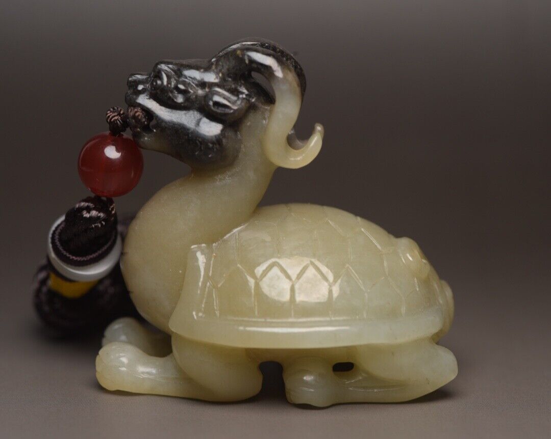 Chinese Natural Hotan Jade Carved Exquisite Dragon Turtle Statue Collection Art