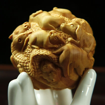 Boxwood Ball 12 Zodiac Animals Carved Health Stress Relief Hand Massage Exercise
