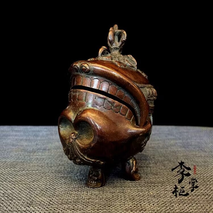 5" Old Nepal Temple Skull Vajra Scripture Sutra Bowl Kapala Skull Cup