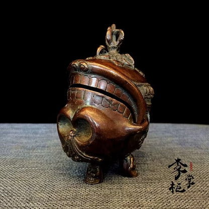 5" Old Nepal Temple Skull Vajra Scripture Sutra Bowl Kapala Skull Cup