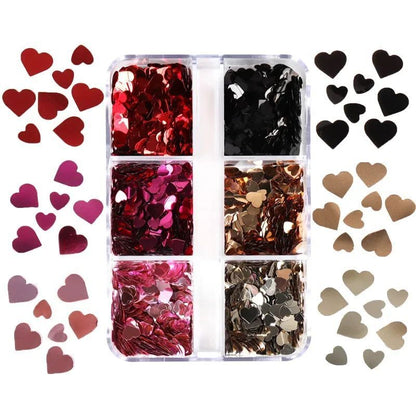 Nail Glitter Sequins 6Grids Mixed Red Black Heart Valentine's Day Manicure Decor