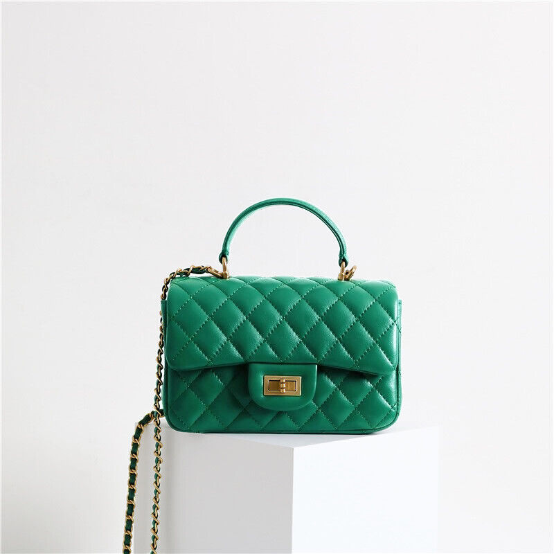 Small Quilted Lambskin Leather Handle Chain Tote Shoulder bag Crossbody Purse