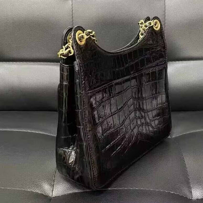 Black Alligator Crocodile Belly Skin Chain Bag, New Desinger Women's Shouler Bag
