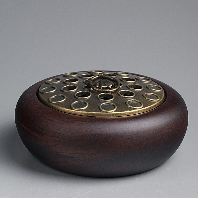 Ebony Rosewood Incense Burner 10.6×5cm Copper Lotus Lid No Fragrance Included