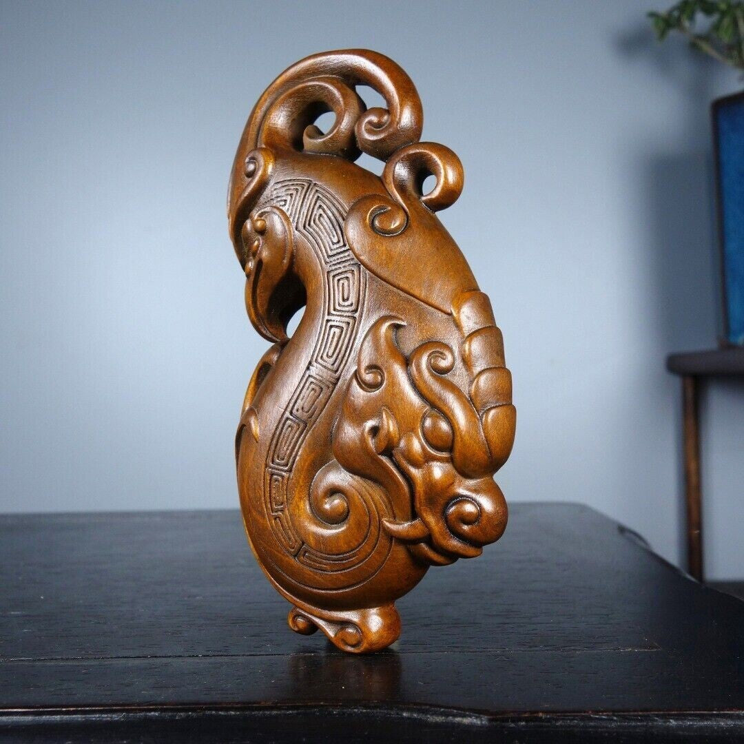 Rare Chinese Boxwood Wood Carved Exquisite Dragon Phoenix Statue Wooden Figurine