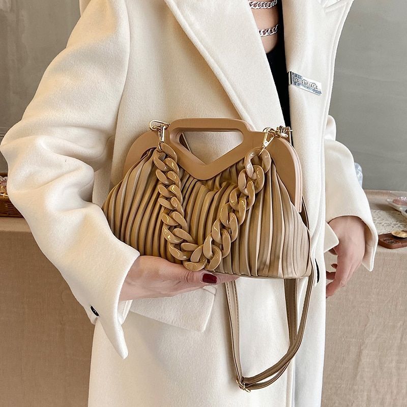 Handbag Thick Chain Handle Pleated Shoulder Bag Women Clutch Purses Crossbody