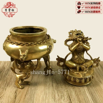 8.6" Tibet Buddhism Bronze Temple Mahakala Wrathful Deity Incense Burner Censer