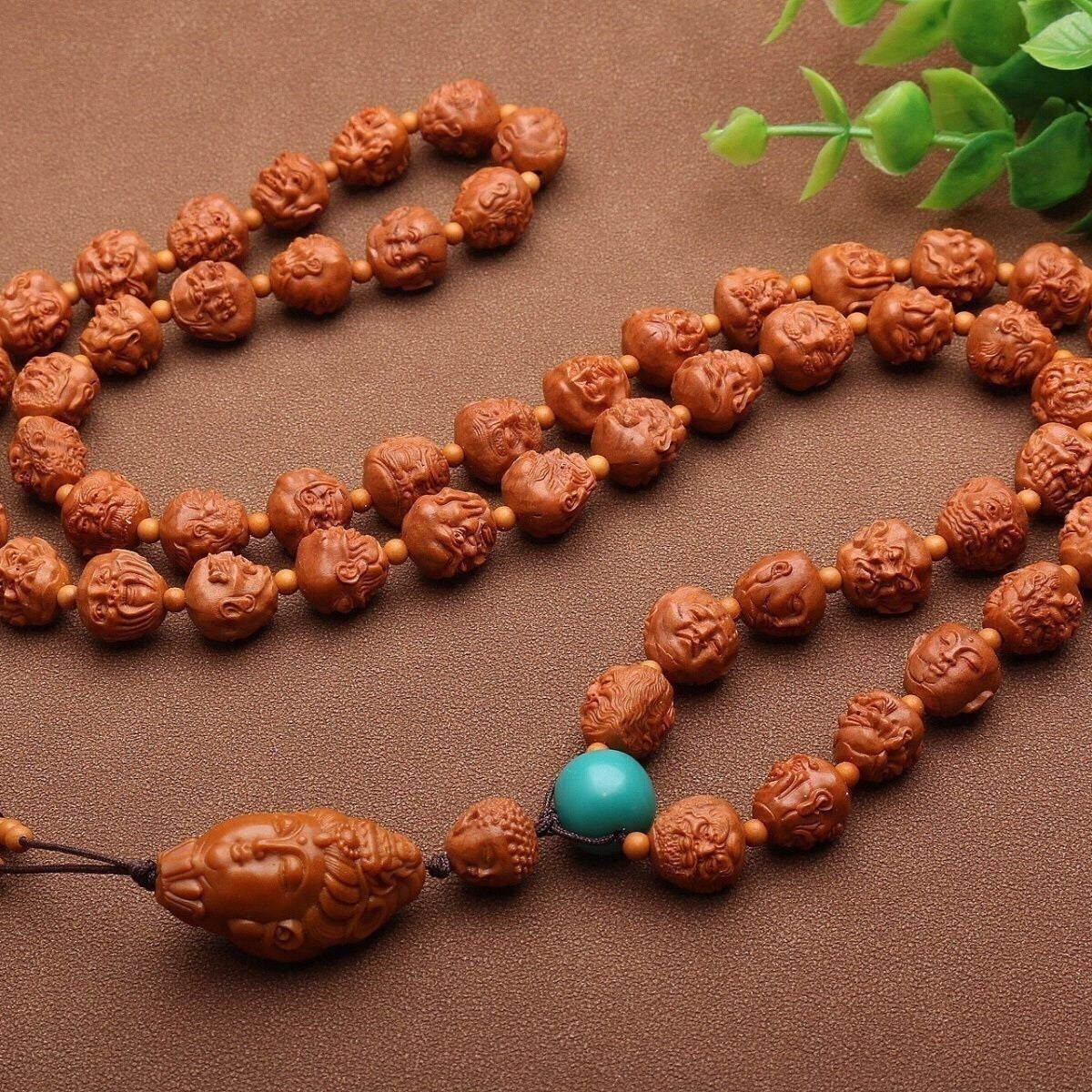 Walnut Carved 108 Arhat Beaded Necklace 54 Beads Buddhist Prayer Mala