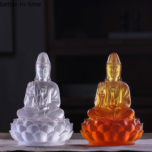 Chinese Time-Honored Methods Coloure Glazed Lotus Guanyin Decor Buddha Statue