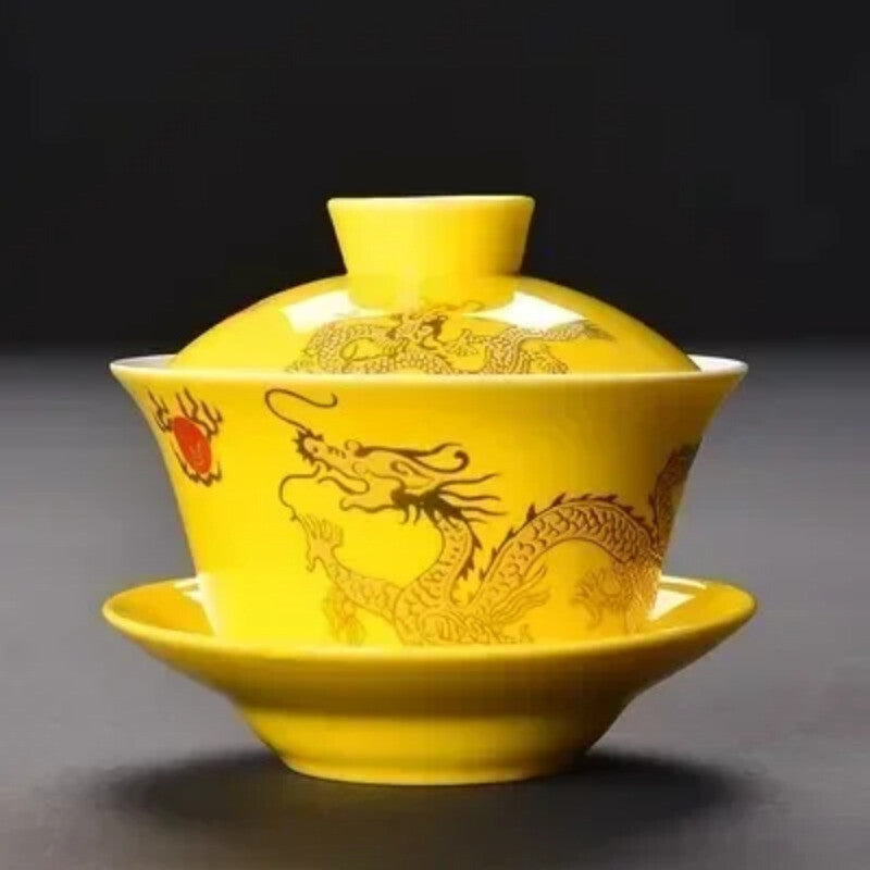 Longjing Sancai Tea Cup Retro Chinese Style Covered Bowl Large Dragon 200ml