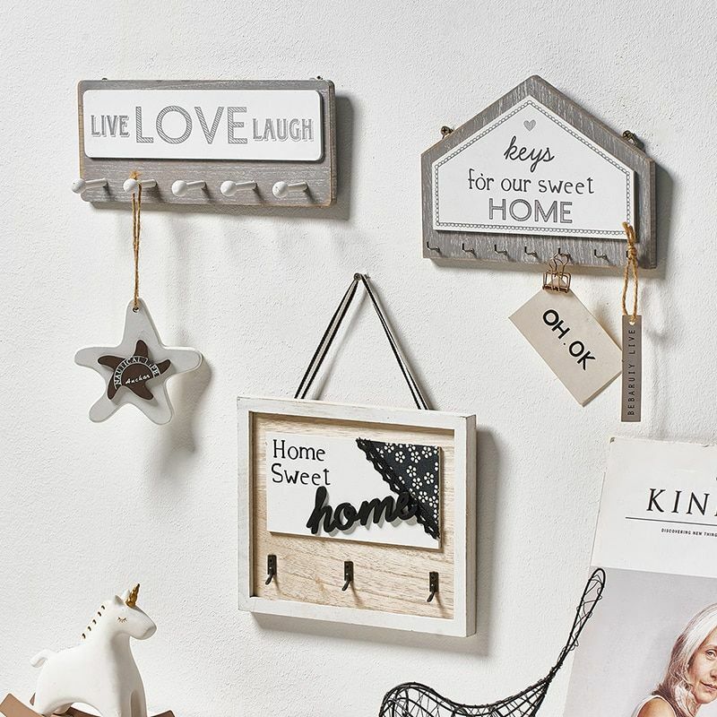 Key Holder Hanger Wall Hanging Wood Wall Organizer Rectangle House Shape Rack