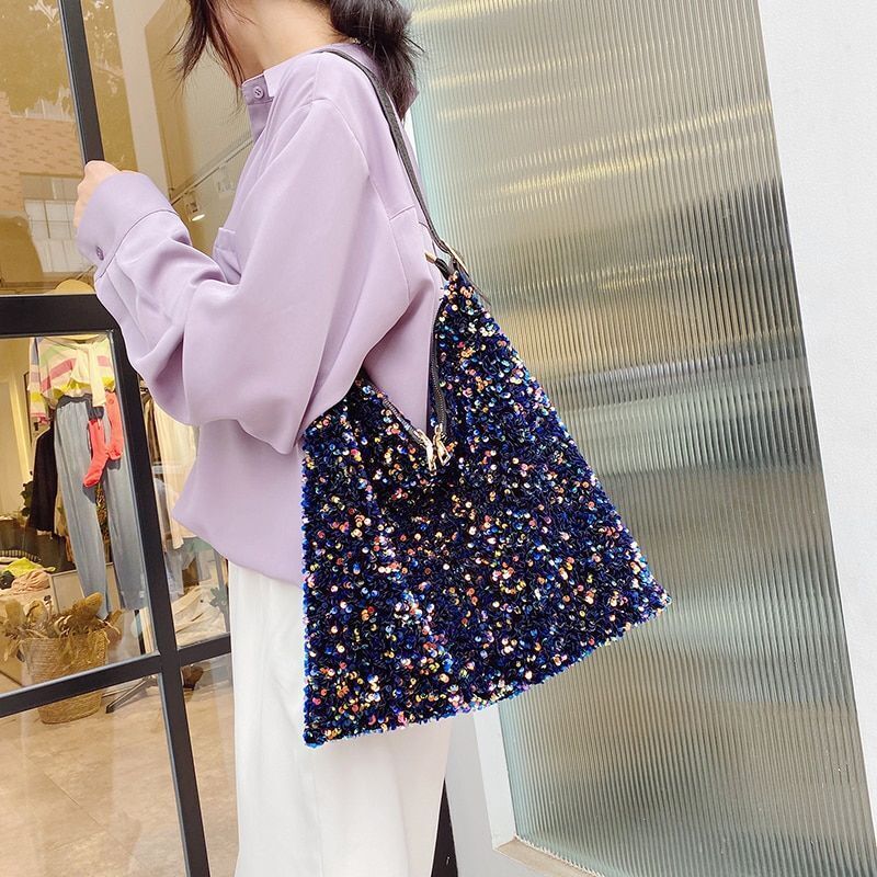 Fashion Sequins Bag Shoulder Purse Luxury Handbags 36*38*2 CM Belt Length 6 CM