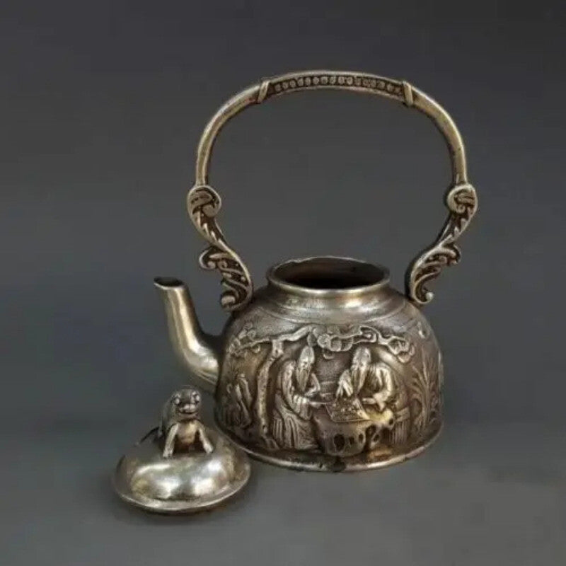 Chinese Miao Silver Carving Old Man Play Chess Animal Dog Statue Tea Wine Pot
